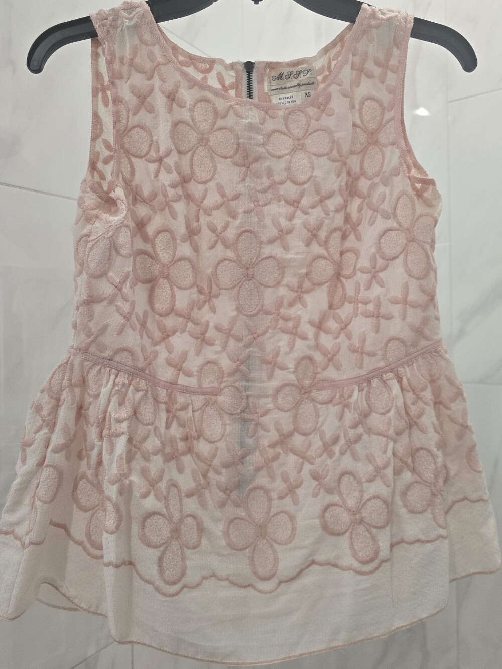 Max Studio Pink Floral Embroidered Sheer Top, Peplum, Sleeveless, Back Zipper,XS